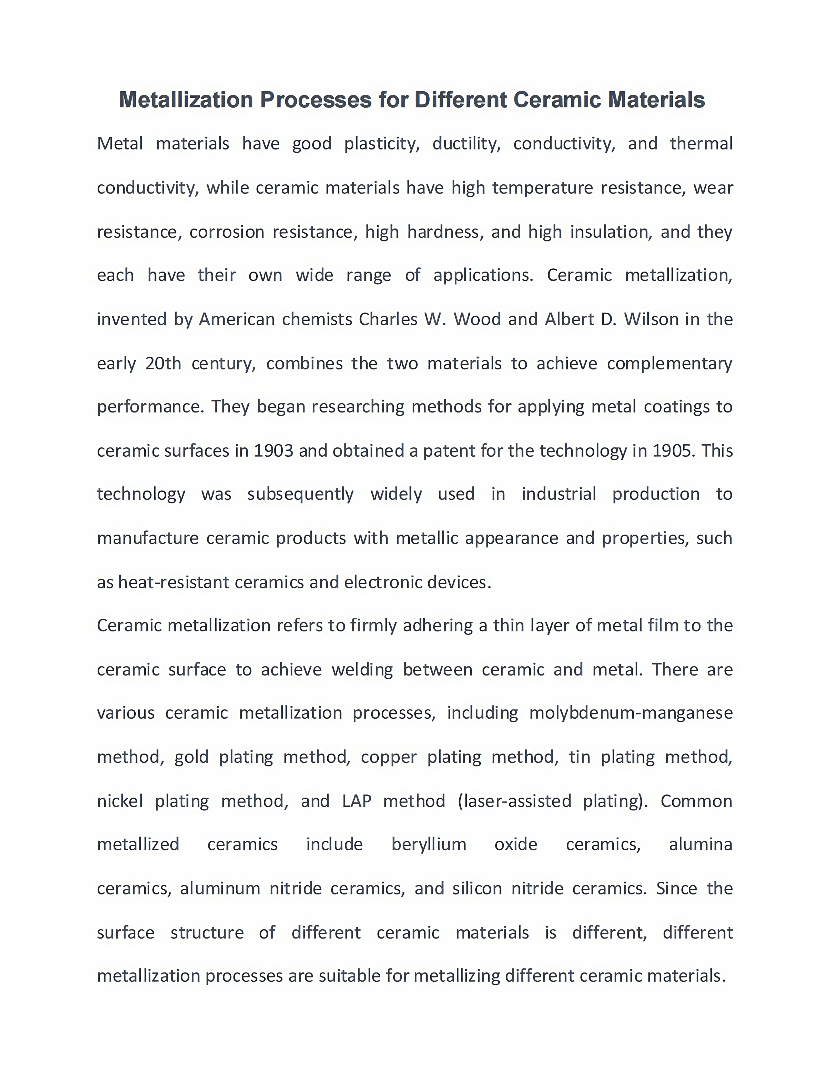 Metallization Processes for Different Ceramic Materials